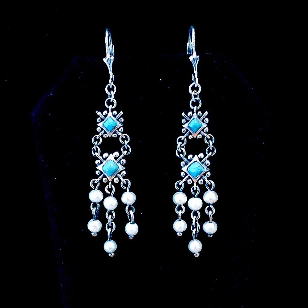 $42  Estate Dangle Turquoise & Pearl Lever Back Earrings  Marked 925 CHINA